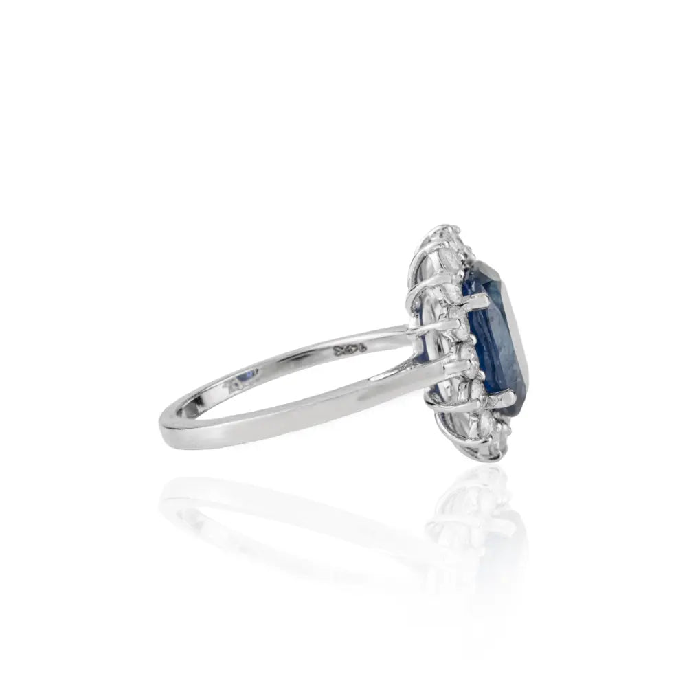 Top Quality 14K Real White Gold Blue Sapphire & Diamond Cluster Engagement Ring Women