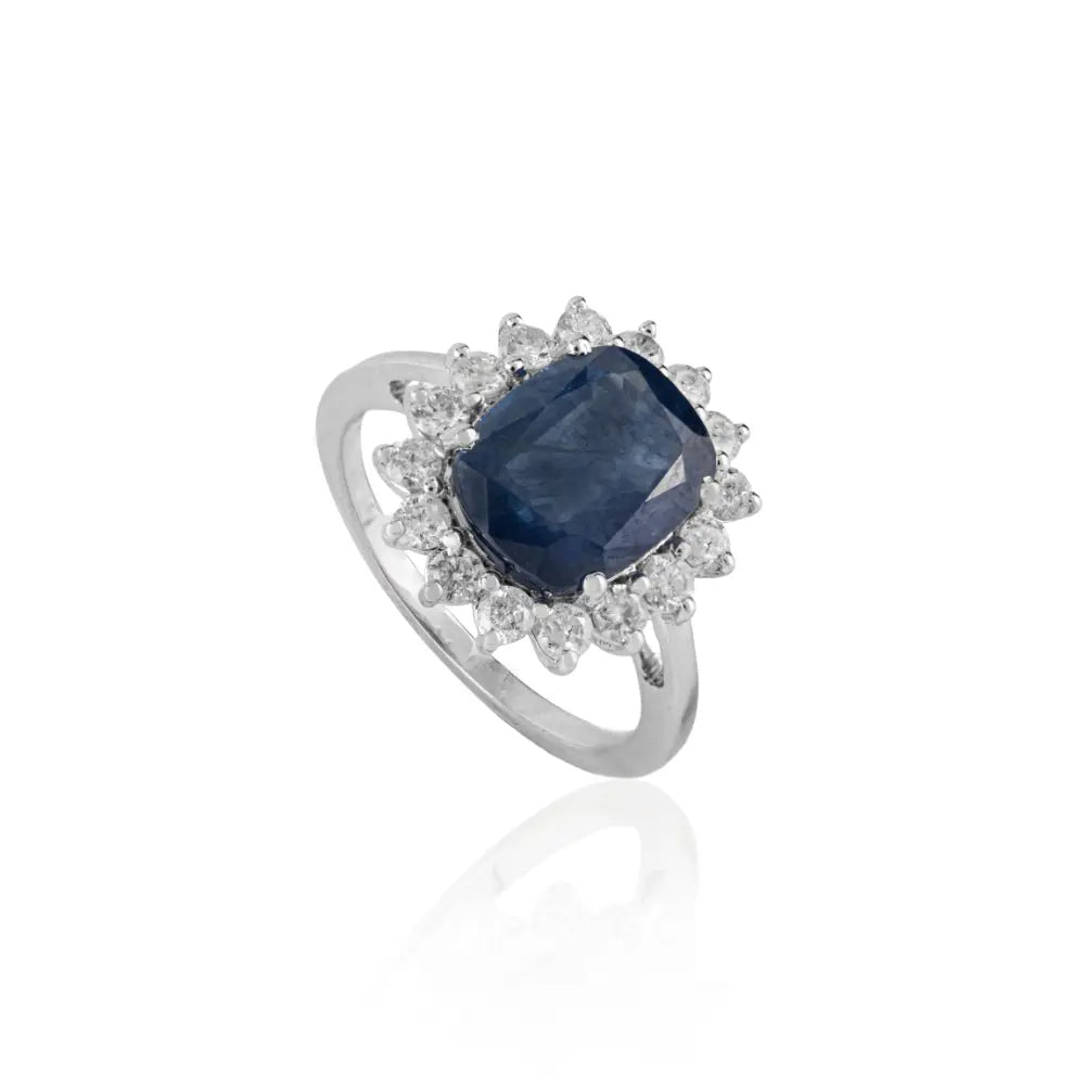 Top Quality 14K Real White Gold Blue Sapphire & Diamond Cluster Engagement Ring Women