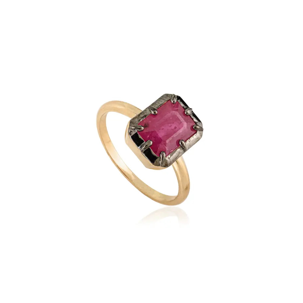 Black Rhodium Plated Ruby Statement Solitaire Ring 18K Real Yellow Gold Gemstone Jewelry