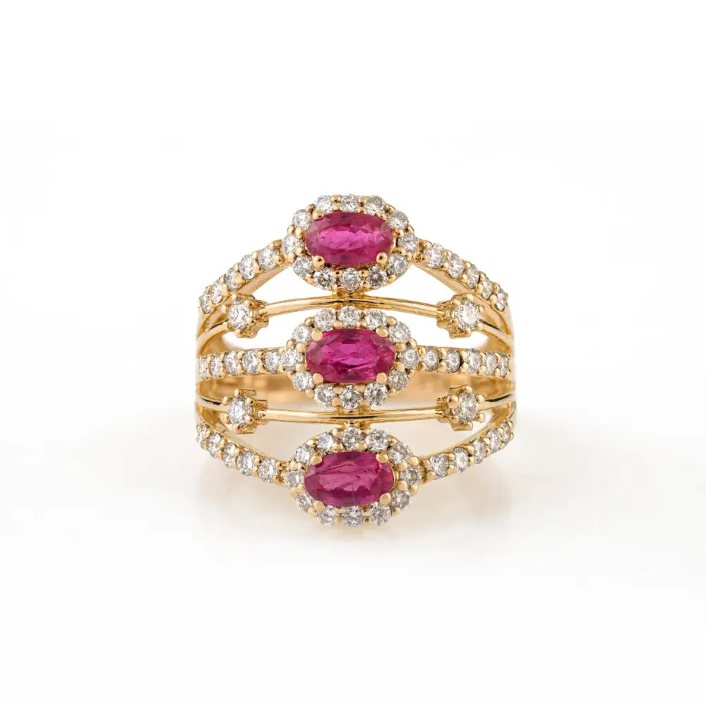 1.15 Ct. Ruby & Diamond Statement Multi Layer Ring Party Wear 14K Yellow Gold Fine Jewelry