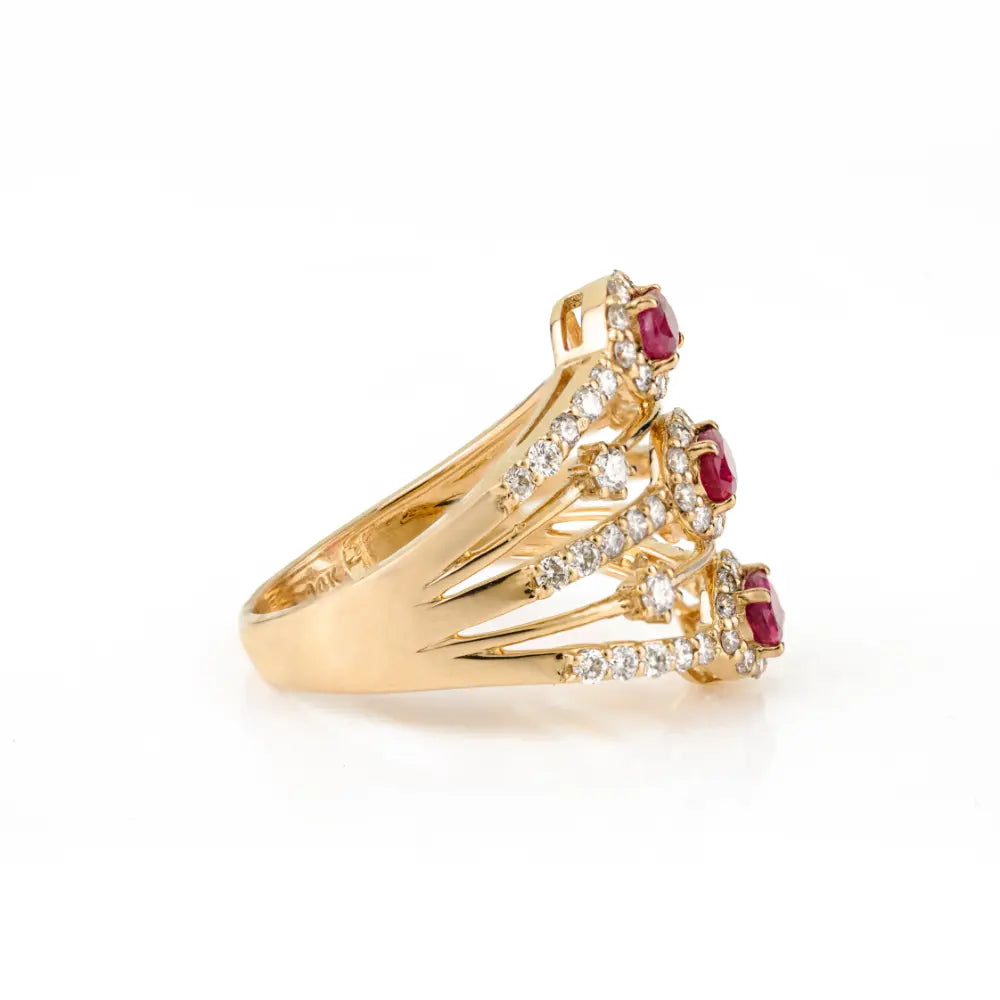 1.15 Ct. Ruby & Diamond Statement Multi Layer Ring Party Wear 14K Yellow Gold Fine Jewelry