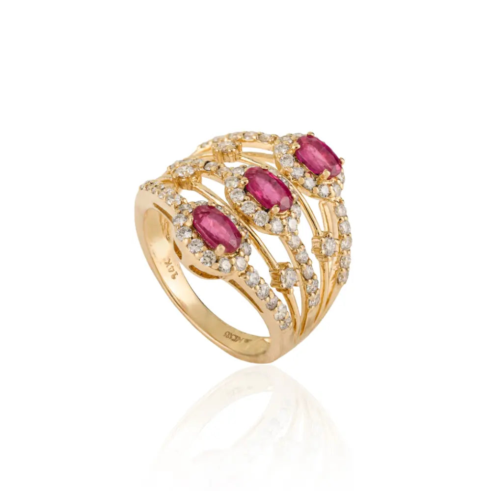 1.15 Ct. Ruby & Diamond Statement Multi Layer Ring Party Wear 14K Yellow Gold Fine Jewelry
