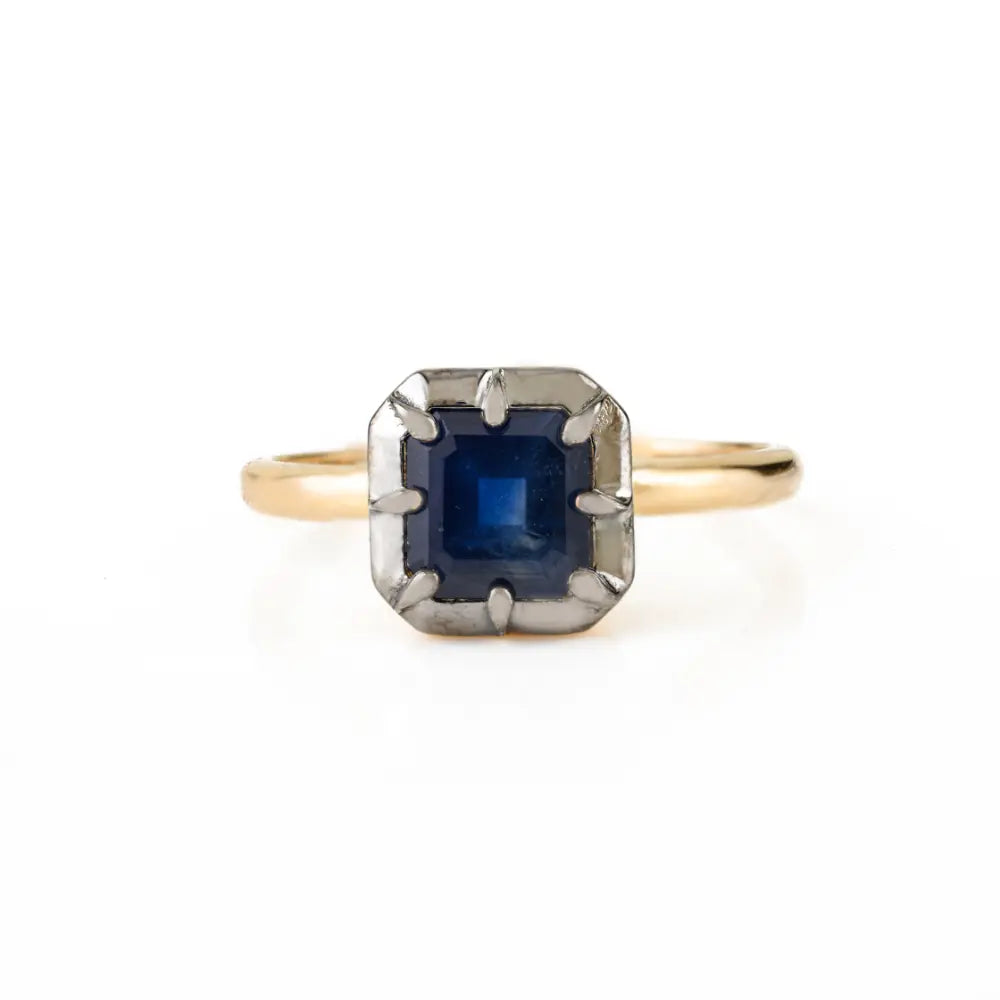 Square Cut Blue Sapphire Black Rhodium Plated 18K Solid Gold Solitaire Gemstone Minimal Ring
