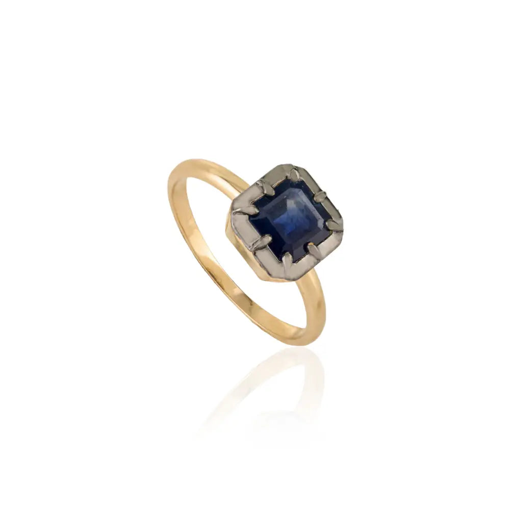 Square Cut Blue Sapphire Black Rhodium Plated 18K Solid Gold Solitaire Gemstone Minimal Ring