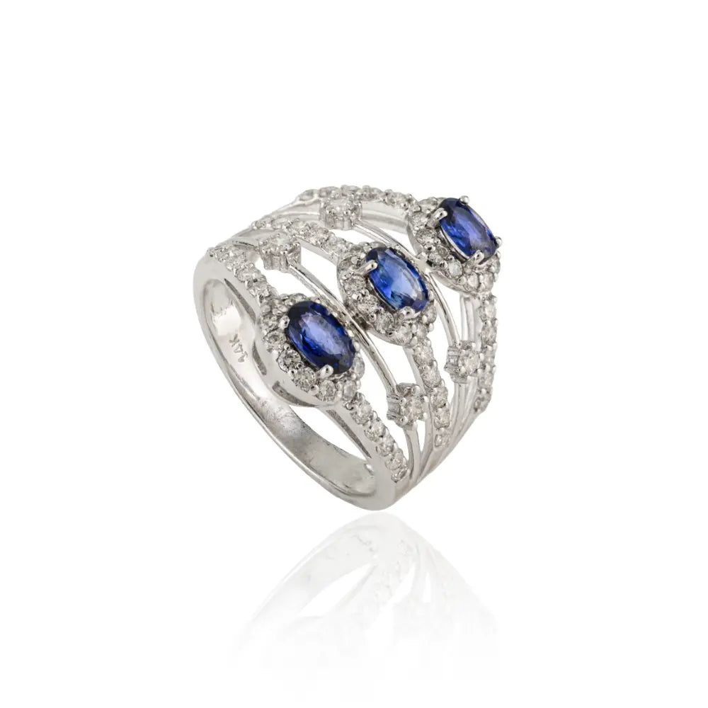 K14 Solid White Gold Blue Sapphire & Diamond Multi Row Statement Cocktail Ring For Wedding