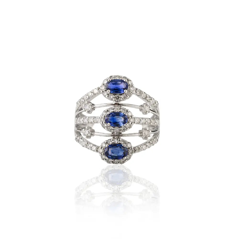 K14 Solid White Gold Blue Sapphire & Diamond Multi Row Statement Cocktail Ring For Wedding