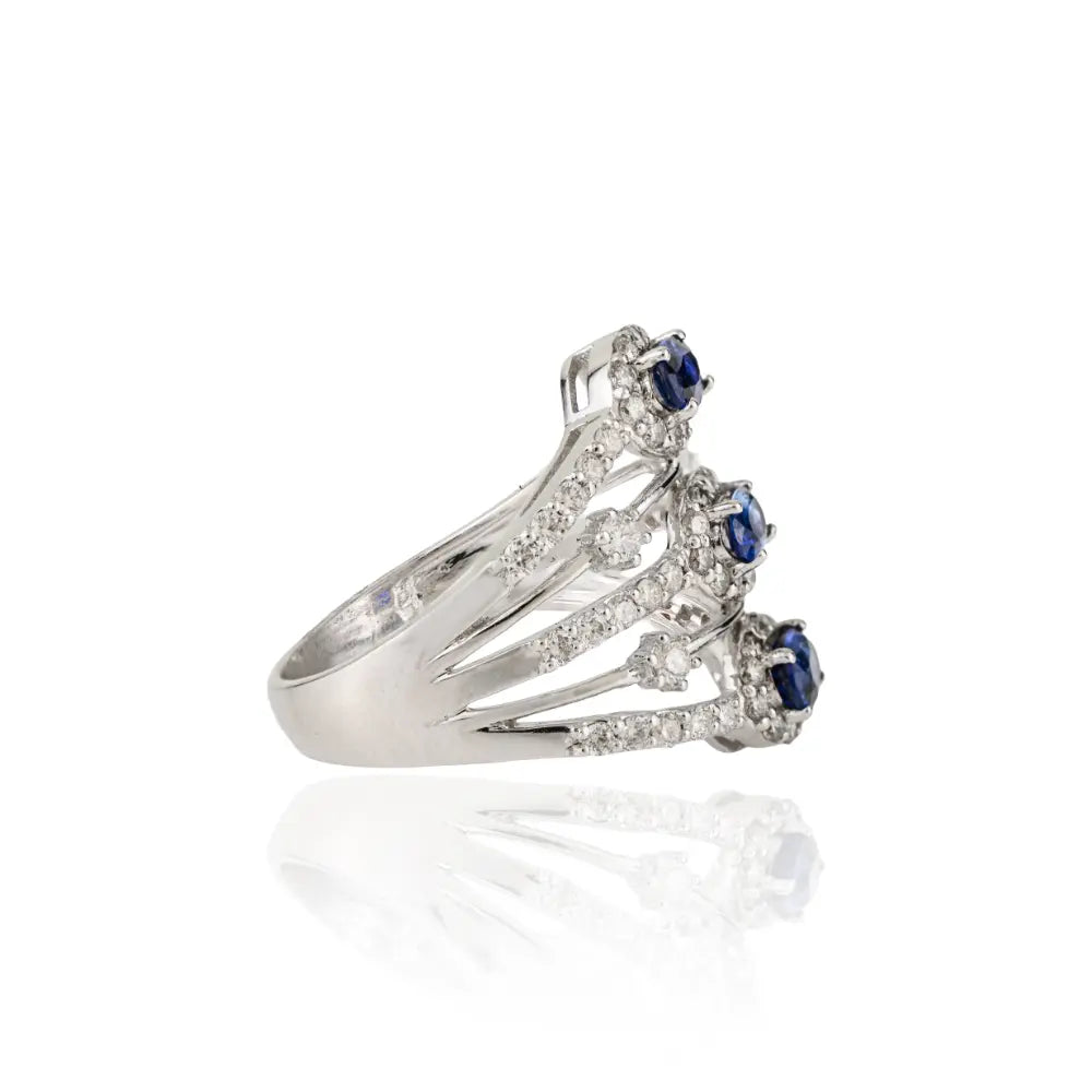 K14 Solid White Gold Blue Sapphire & Diamond Multi Row Statement Cocktail Ring For Wedding
