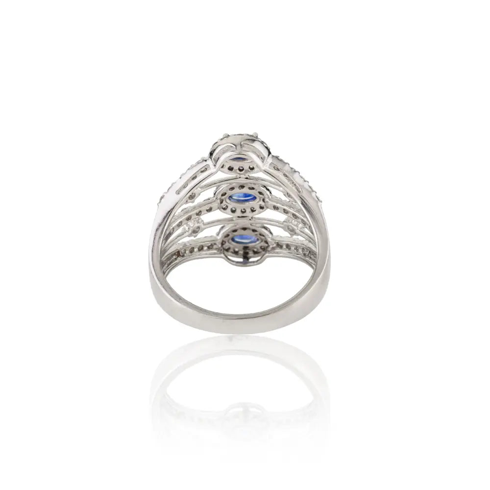 K14 Solid White Gold Blue Sapphire & Diamond Multi Row Statement Cocktail Ring For Wedding