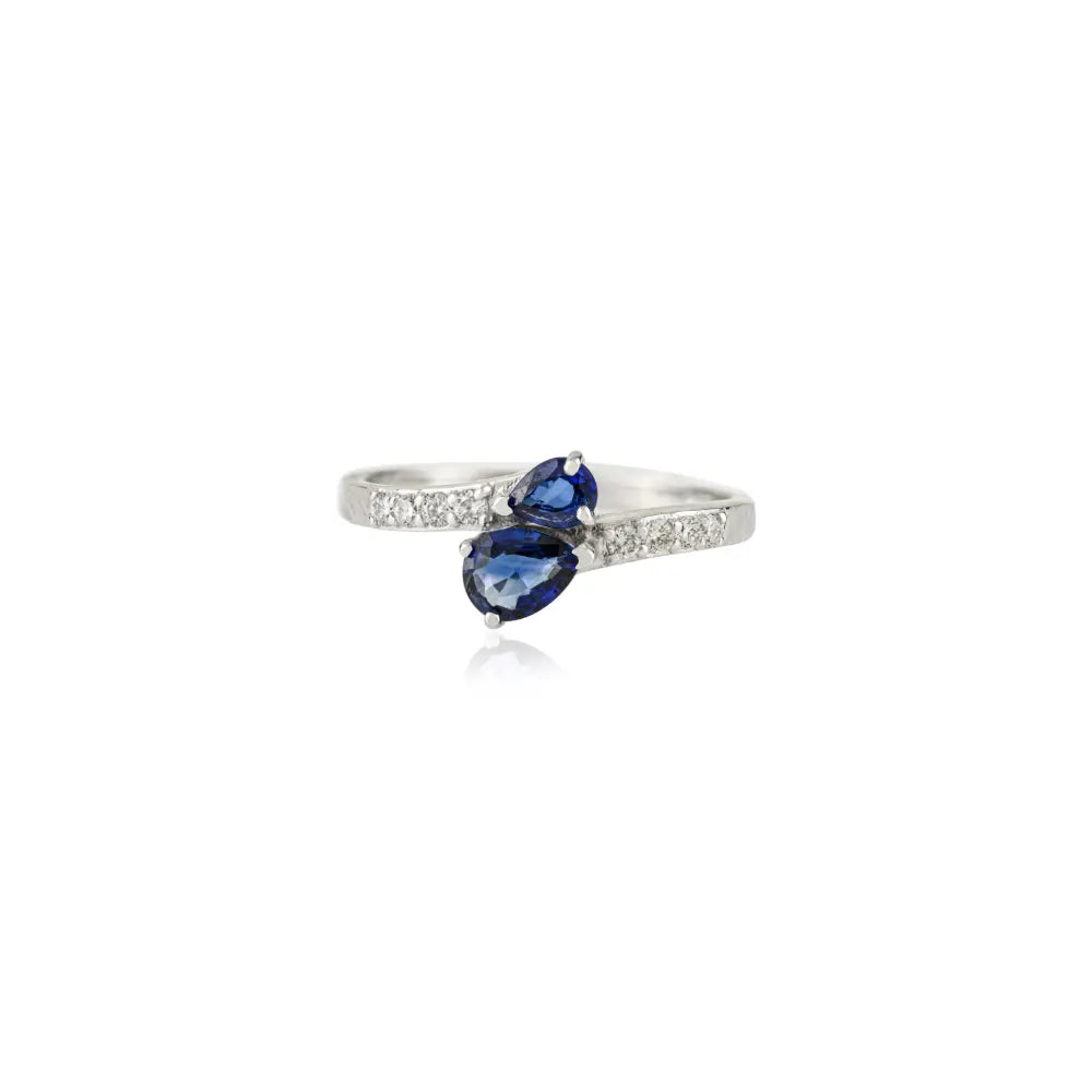 Simple Design 14K White Gold Blue Sapphire & Diamond Minimal Bypass Ring Best Price Jewelry