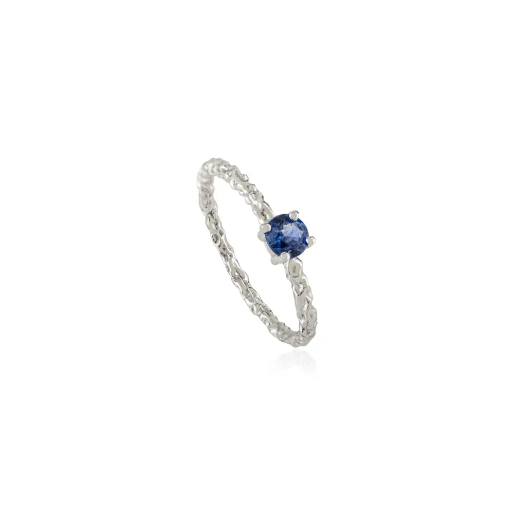 3.5 mm Round Cut Blue Sapphire Minimalist Solitaire Gemstone Ring 14K Real White Gold