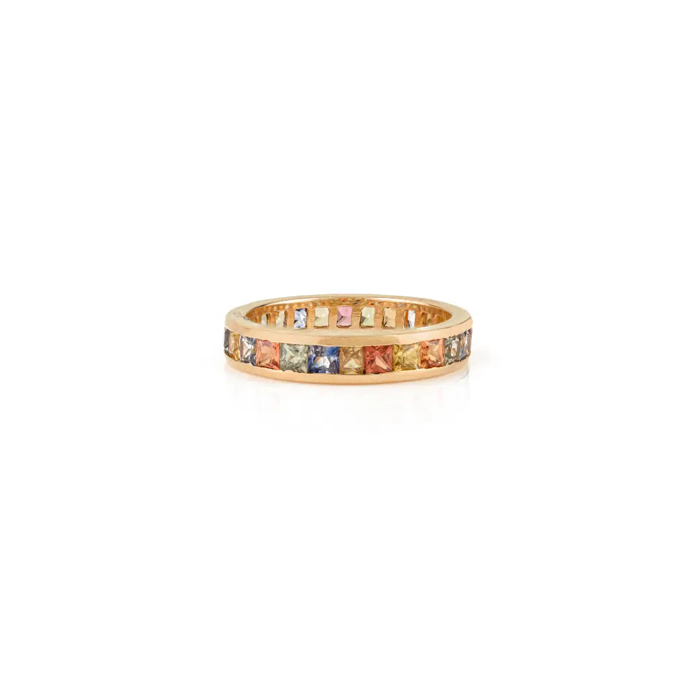 Rainbow Colorful Multi Sapphire Channel Set Full Eternity Band Ring 14K Solid Yellow Gold