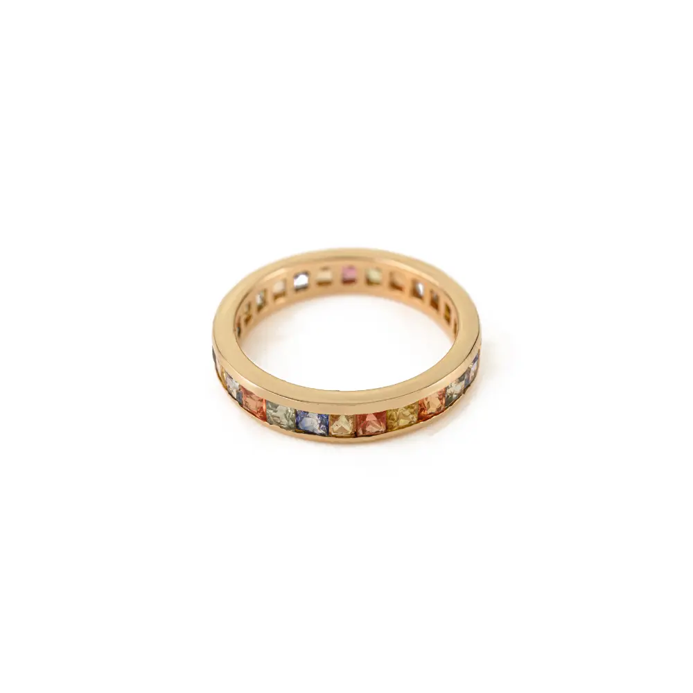 Rainbow Colorful Multi Sapphire Channel Set Full Eternity Band Ring 14K Solid Yellow Gold