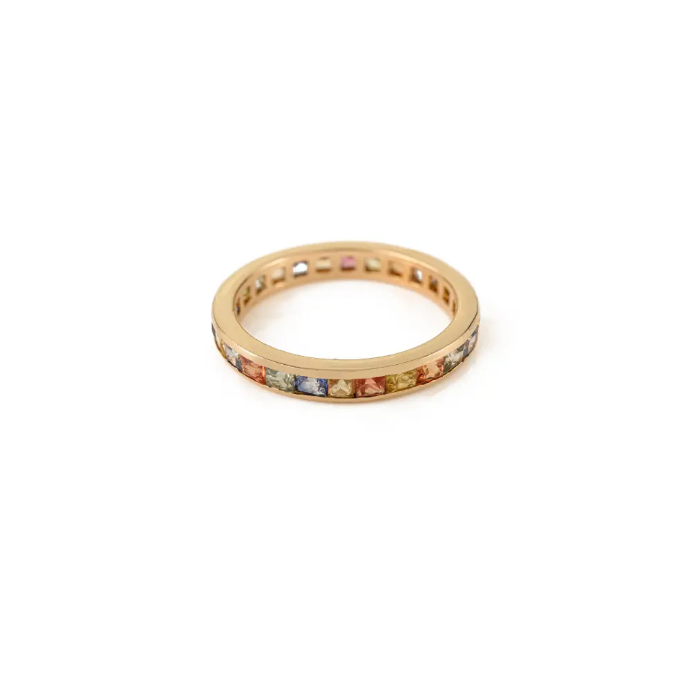 Rainbow Colorful Multi Sapphire Channel Set Full Eternity Band Ring 14K Solid Yellow Gold