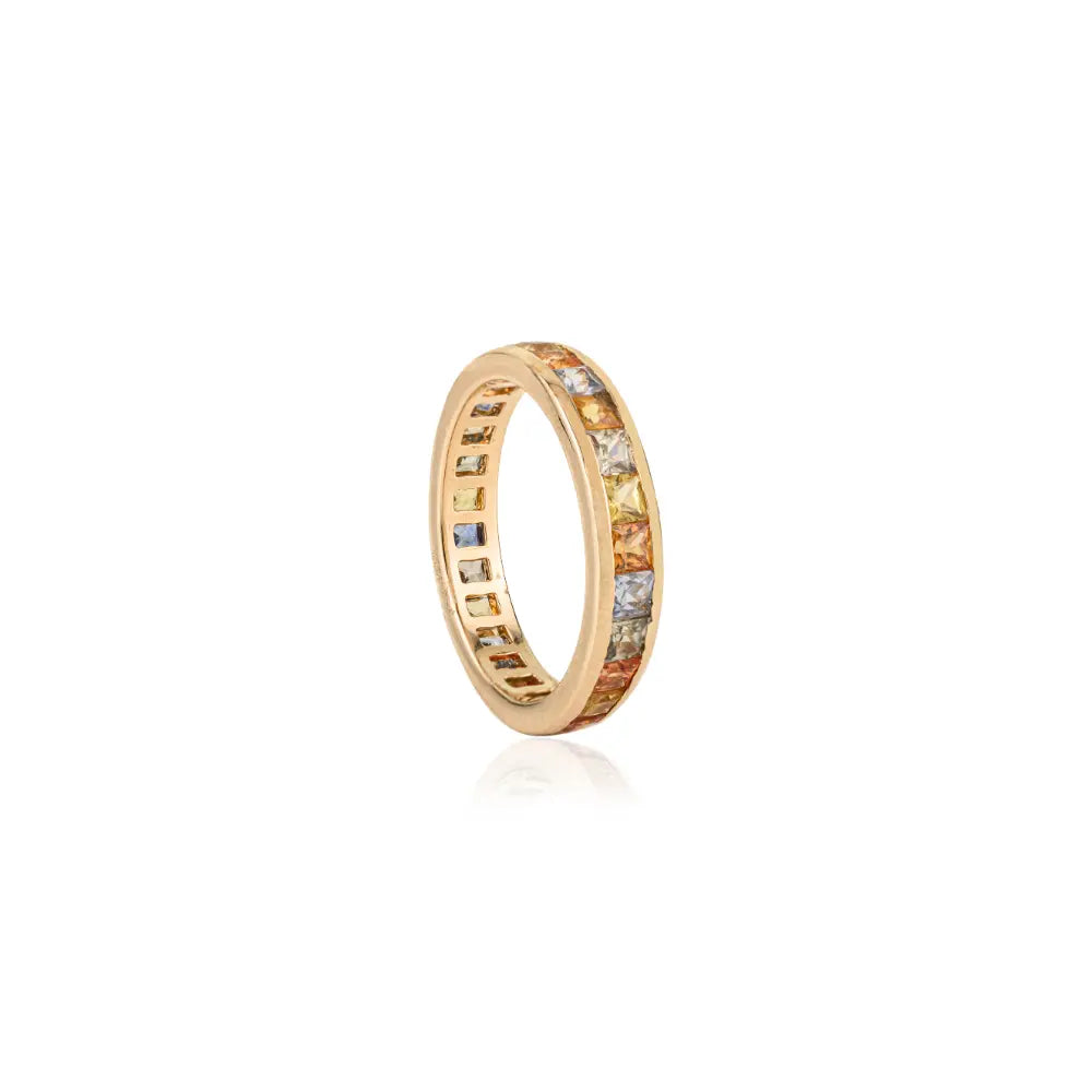 Rainbow Colorful Multi Sapphire Channel Set Full Eternity Band Ring 14K Solid Yellow Gold