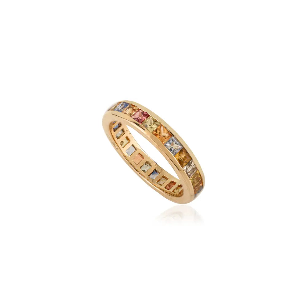 Rainbow Colorful Multi Sapphire Channel Set Full Eternity Band Ring 14K Solid Yellow Gold