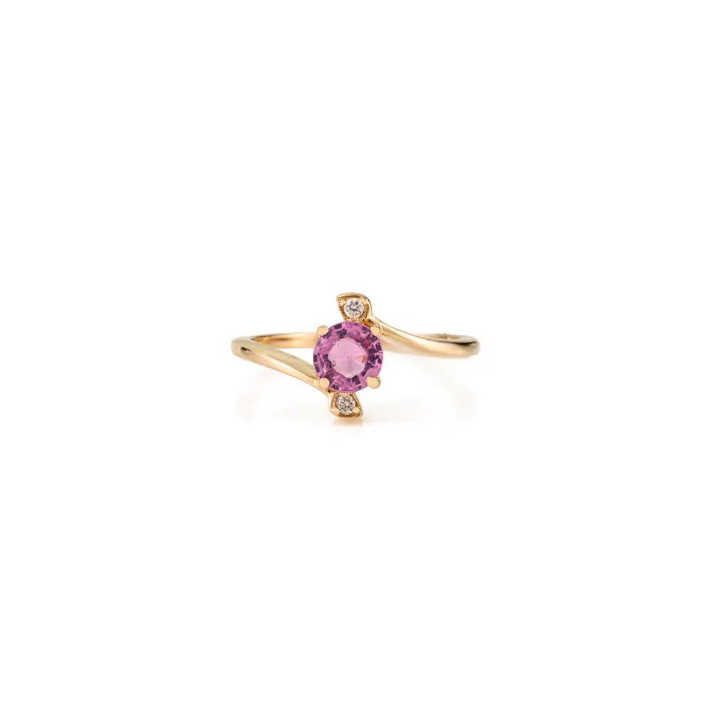 Round Cut Pink Sapphire & Diamond 14K Solid Yellow Gold Minimal Gemstone Ring For Women