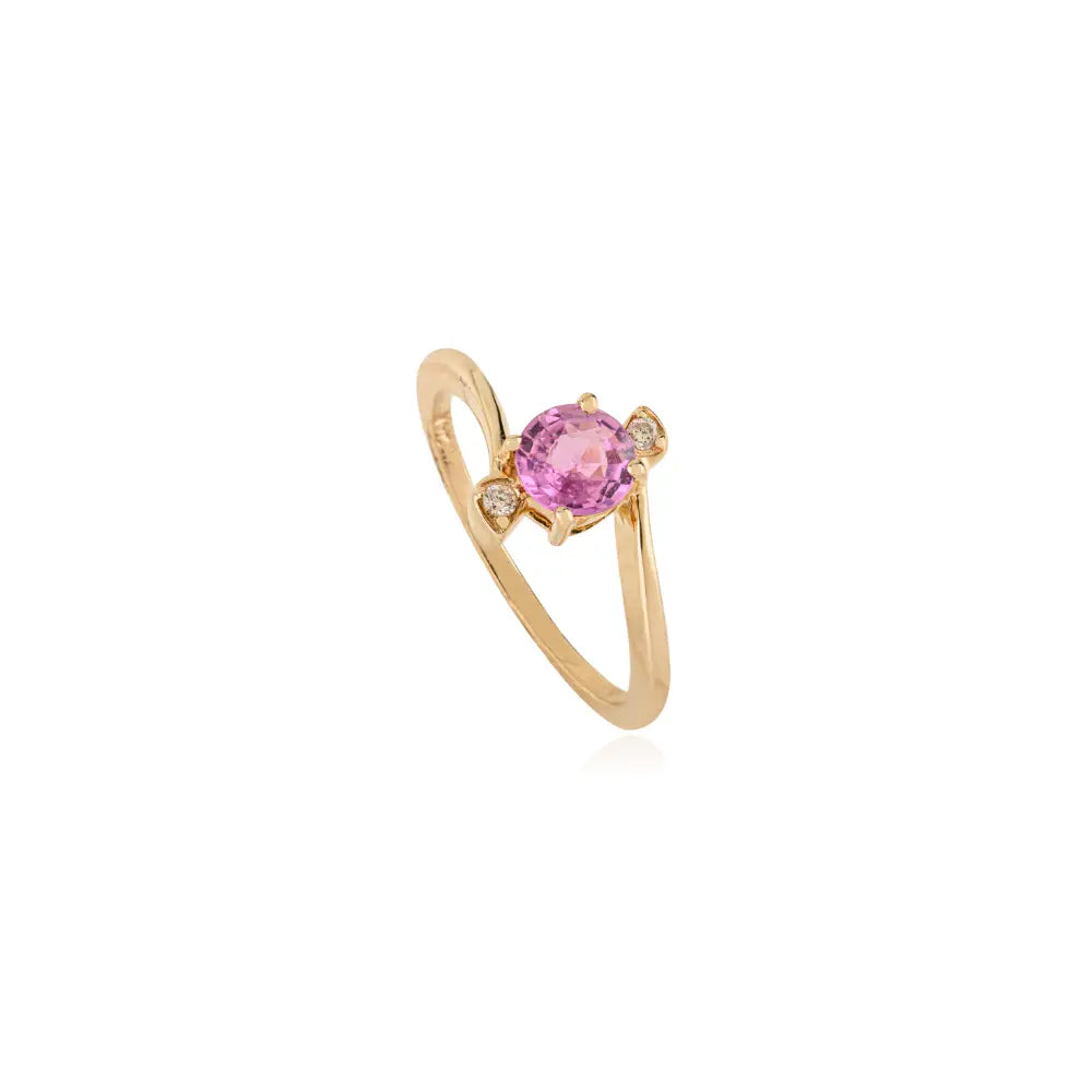 Round Cut Pink Sapphire & Diamond 14K Solid Yellow Gold Minimal Gemstone Ring For Women