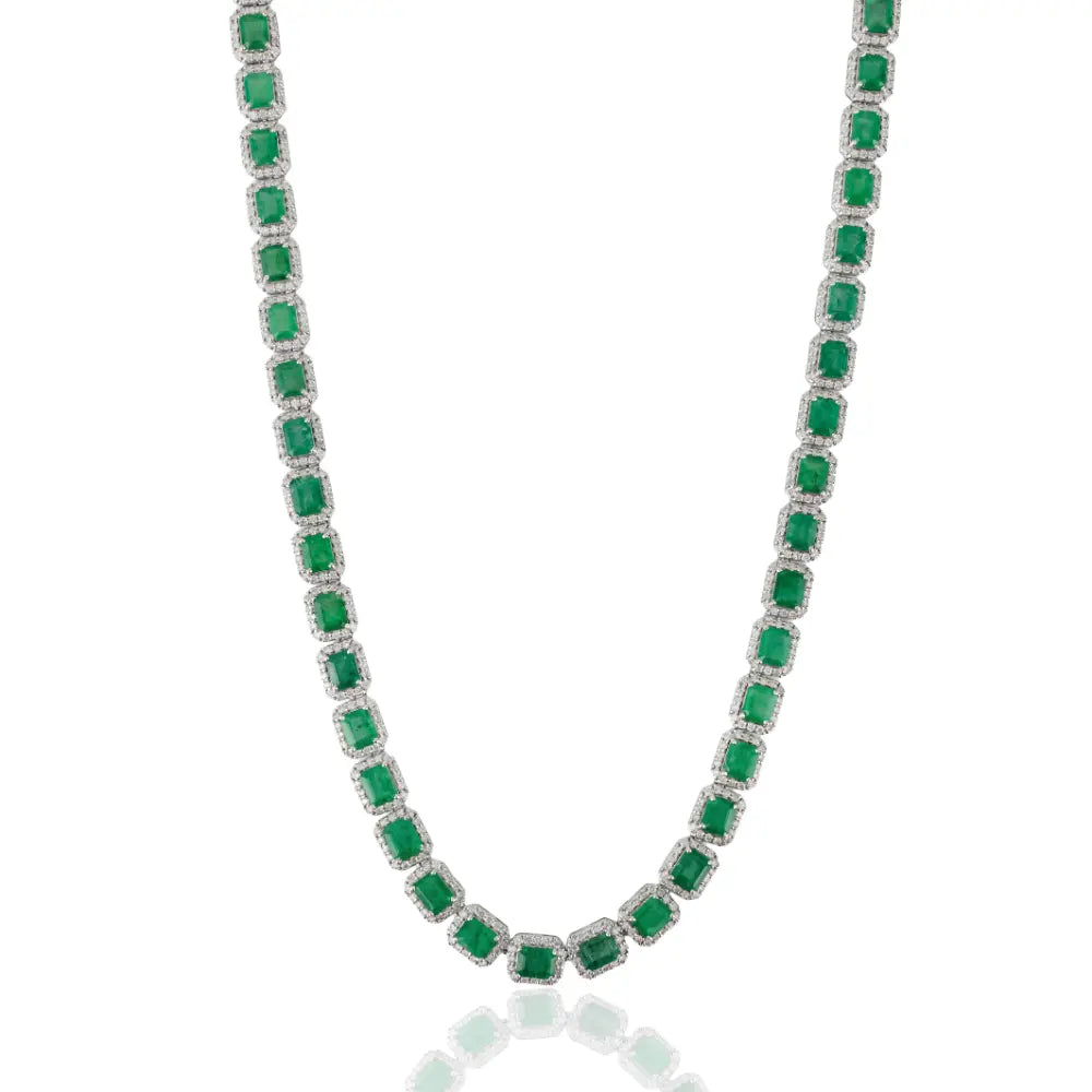 Real Gemstone Emerald & Diamond Halo Tennis Necklace K14 White Gold Statement Jewelry