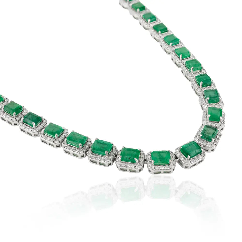Real Gemstone Emerald & Diamond Halo Tennis Necklace K14 White Gold Statement Jewelry