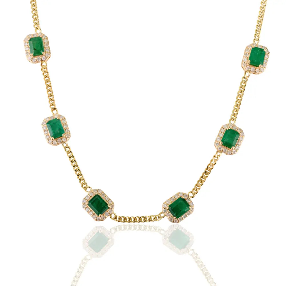 14K Real Yellow Gold Emerald & Diamond Cuban Link Chain Halo Station Necklace For Wedding