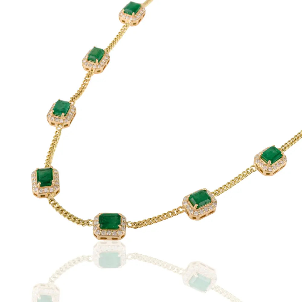 14K Real Yellow Gold Emerald & Diamond Cuban Link Chain Halo Station Necklace For Wedding