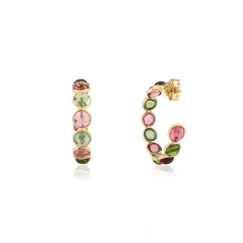 Elegant Jewelry Natural Round Cut Multi Tourmaline C Hoop Earrings 18K Yellow Gold