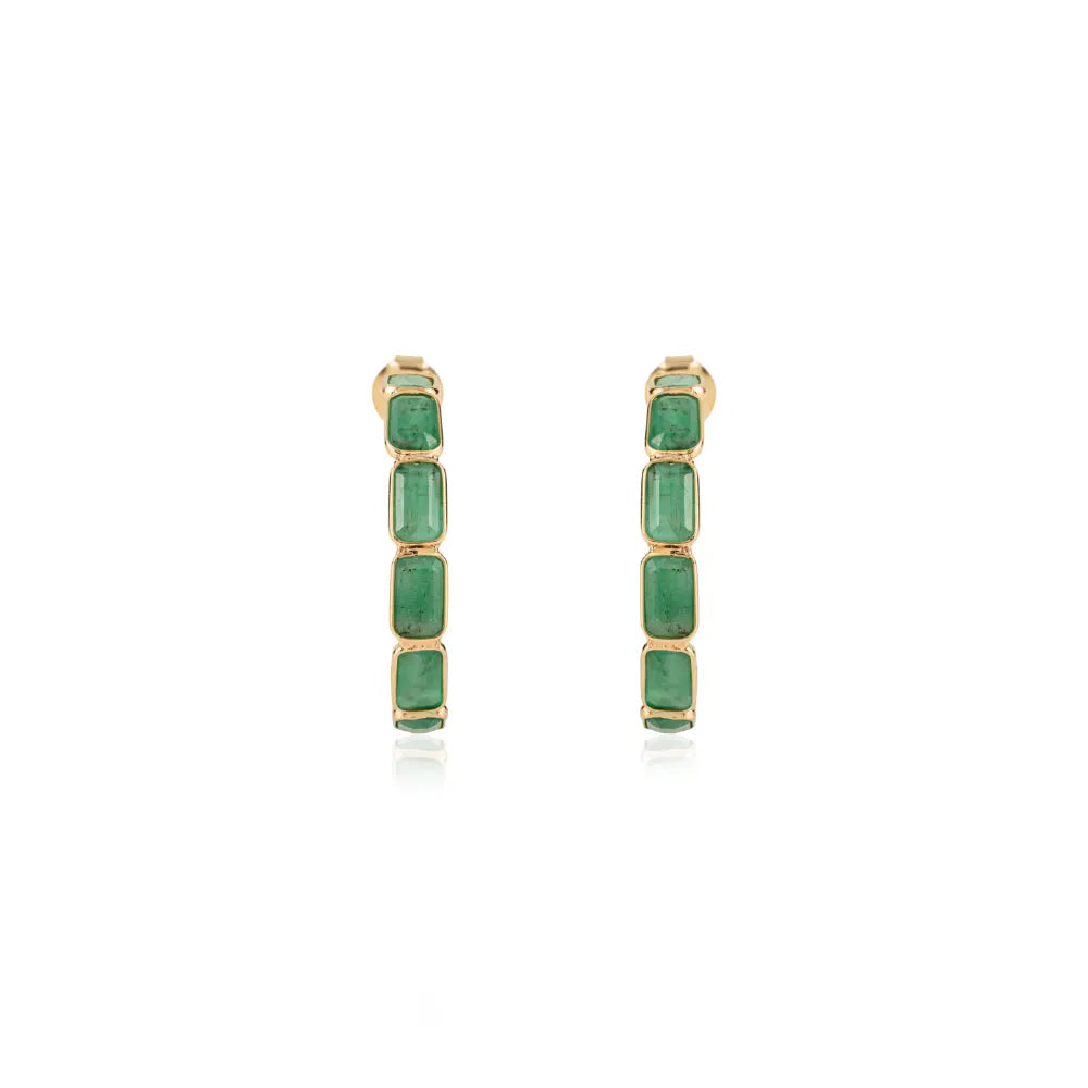 Dainty Style Natural Emerald C Shape Hoop Earrings K18 Solid Yellow Gold Handmade Jewelry