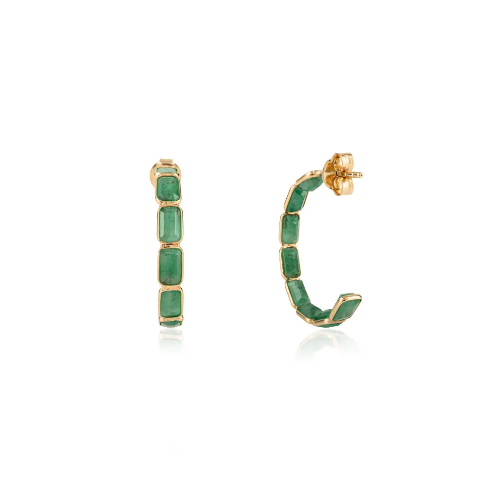 Dainty Style Natural Emerald C Shape Hoop Earrings K18 Solid Yellow Gold Handmade Jewelry