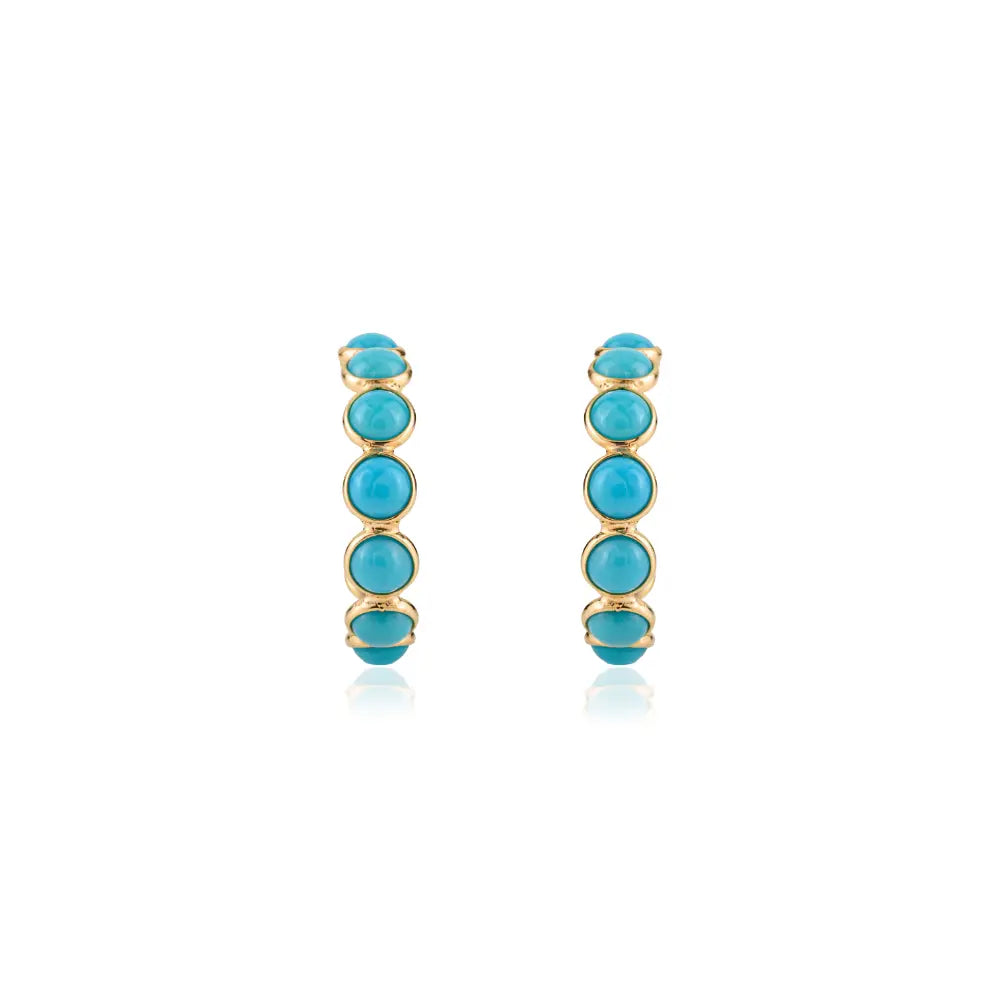 December Birthstone Turquoise Stone 18k Pure Yellow Gold Everyday Wear C Hoop Earrings