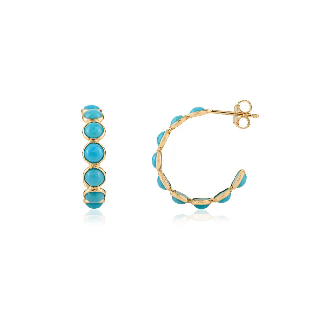 December Birthstone Turquoise Stone 18k Pure Yellow Gold Everyday Wear C Hoop Earrings