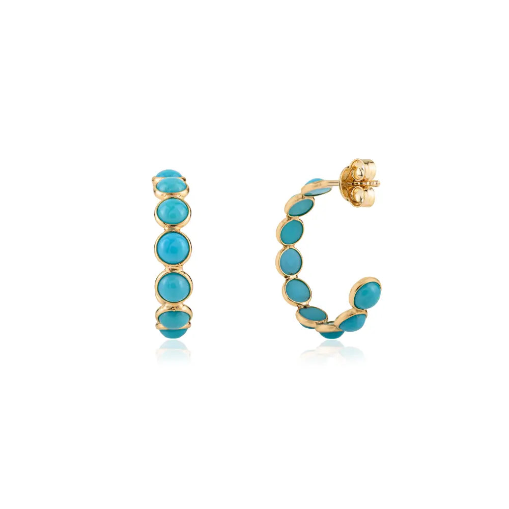December Birthstone Turquoise Stone 18k Pure Yellow Gold Everyday Wear C Hoop Earrings