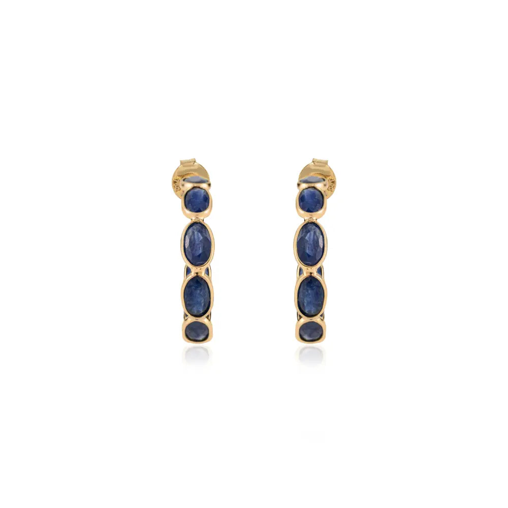 Elegant Design Bezel Set Blue Sapphire 18K Real Yellow Gold C Hoop Earrings Gift For Her
