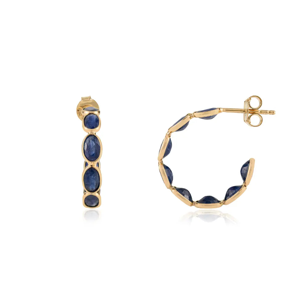 Elegant Design Bezel Set Blue Sapphire 18K Real Yellow Gold C Hoop Earrings Gift For Her