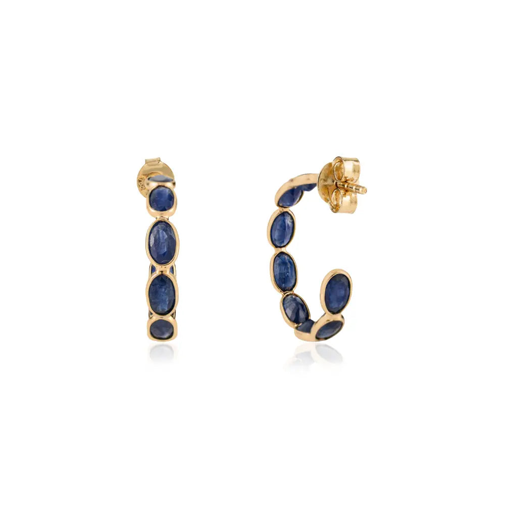 Elegant Design Bezel Set Blue Sapphire 18K Real Yellow Gold C Hoop Earrings Gift For Her
