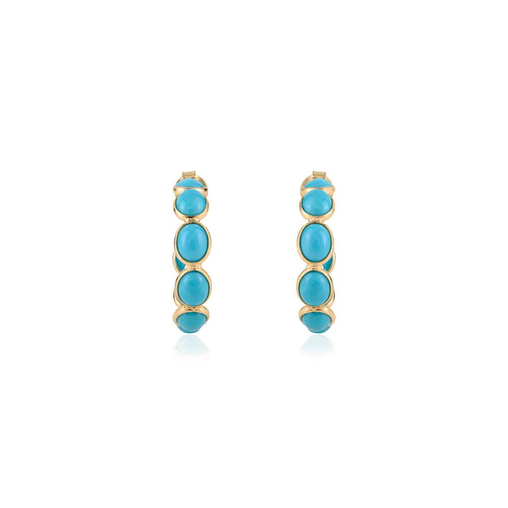 Cabochon Cut Gemstone Turquoise C Shape Hoop Earrings For Daily Wear 18K Real Gold