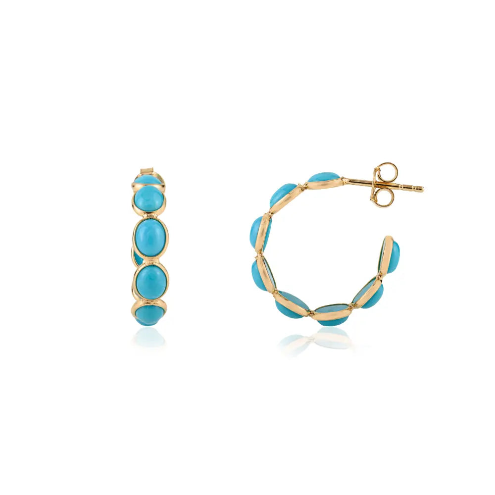 Cabochon Cut Gemstone Turquoise C Shape Hoop Earrings For Daily Wear 18K Real Gold