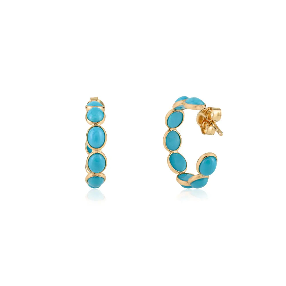 Cabochon Cut Gemstone Turquoise C Shape Hoop Earrings For Daily Wear 18K Real Gold