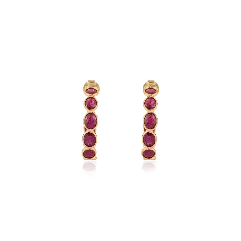 Bezel Set C Shape Hoop Earrings Featuring Ruby Gemstone 18K Real Yellow Gold Gift For Mom