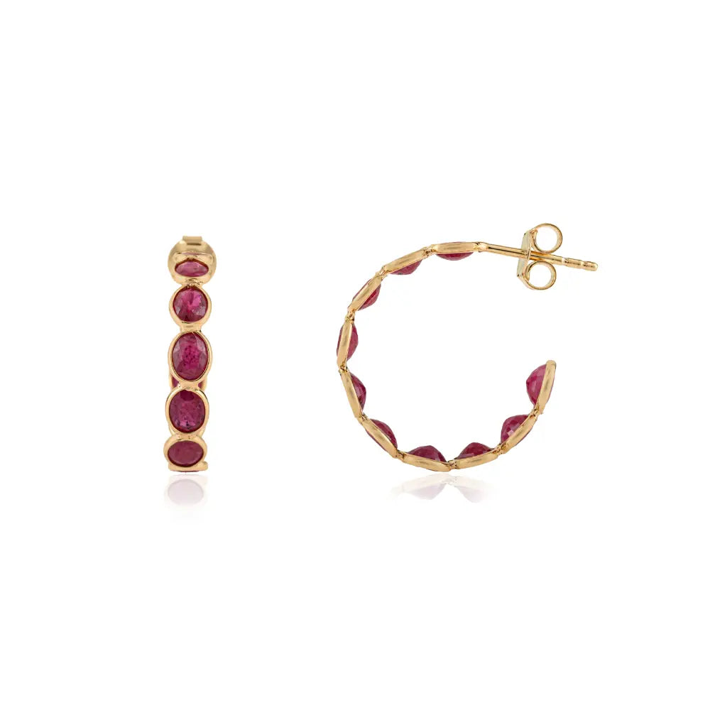 Bezel Set C Shape Hoop Earrings Featuring Ruby Gemstone 18K Real Yellow Gold Gift For Mom