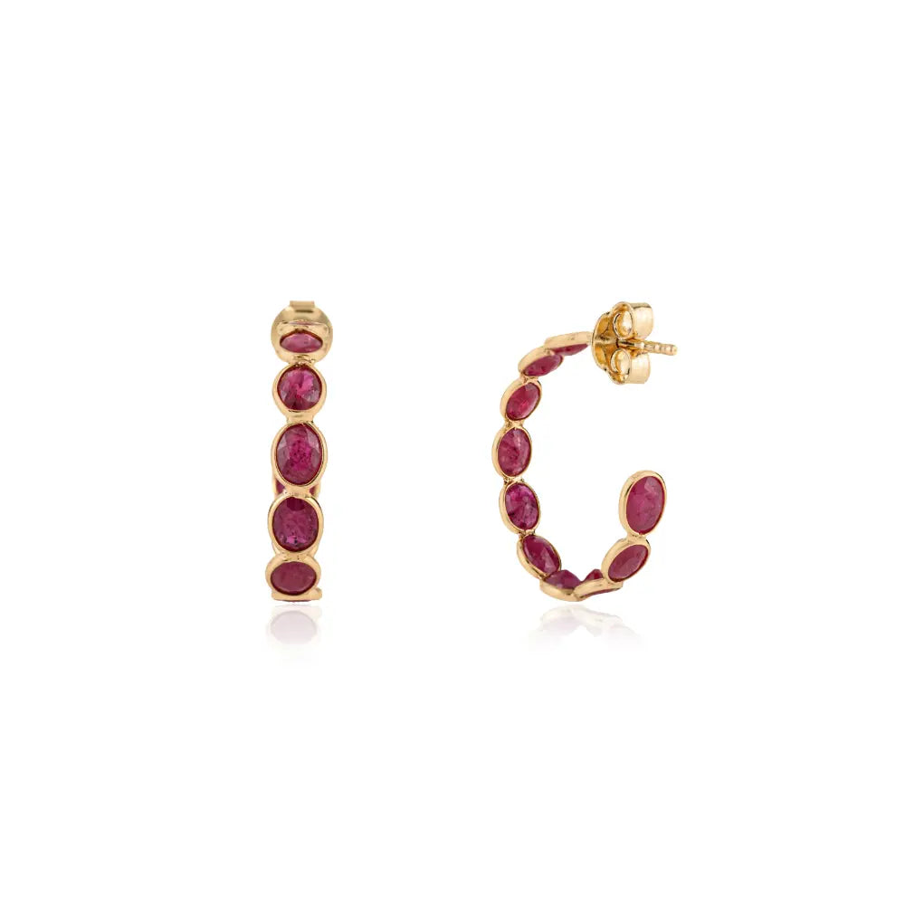 Bezel Set C Shape Hoop Earrings Featuring Ruby Gemstone 18K Real Yellow Gold Gift For Mom