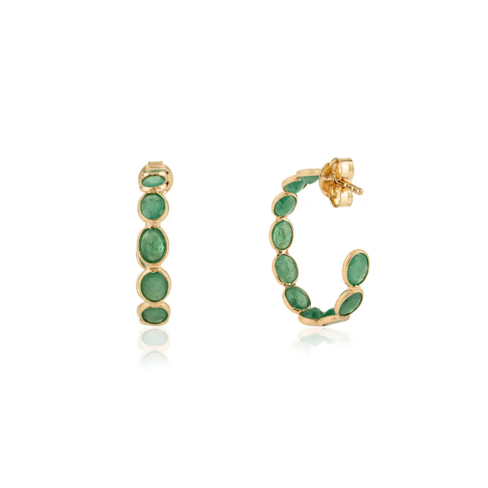 Genuine Emerald Push Back C Hoop Earrings May Birthstone K18 Pure Yellow Gold ODM Jewelry