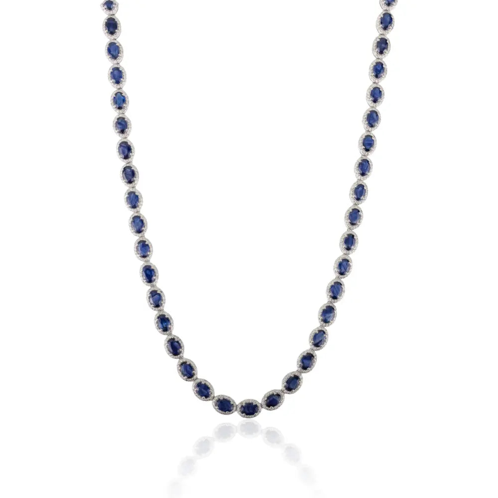 Exclusive Jewelry Statement Blue Sapphire & Diamond 14K White Gold Halo Tennis Necklace
