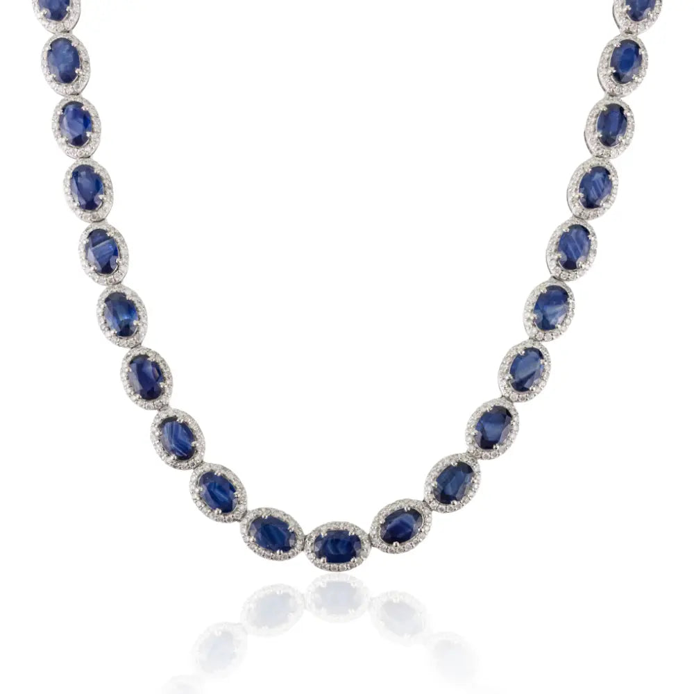 Exclusive Jewelry Statement Blue Sapphire & Diamond 14K White Gold Halo Tennis Necklace