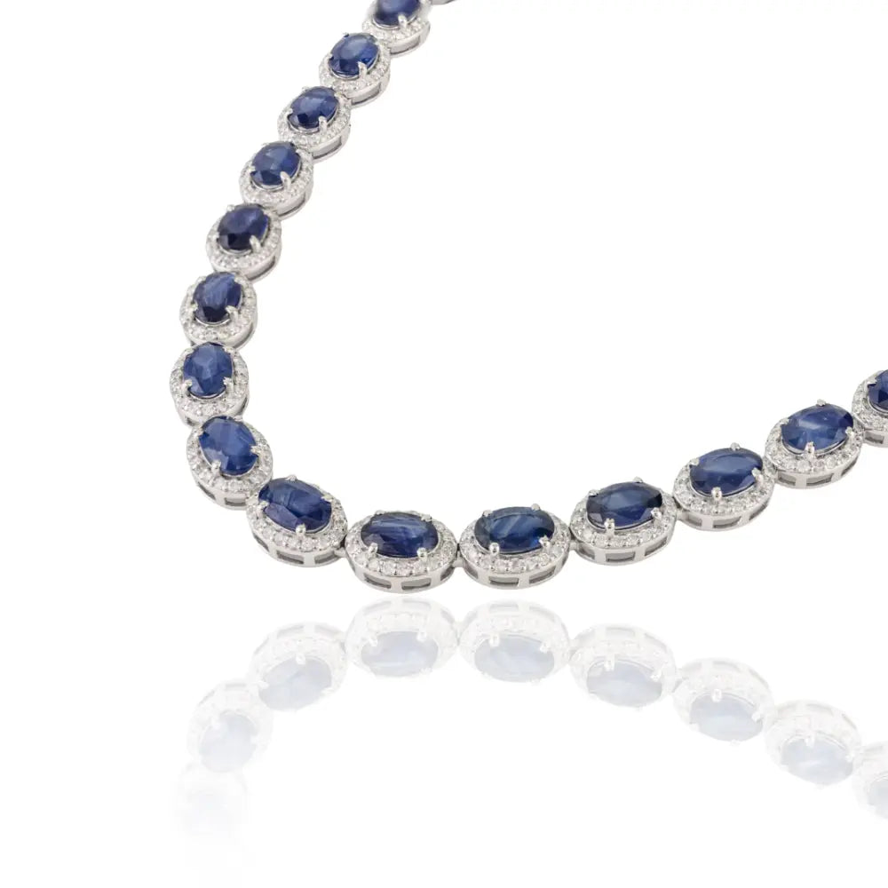Exclusive Jewelry Statement Blue Sapphire & Diamond 14K White Gold Halo Tennis Necklace