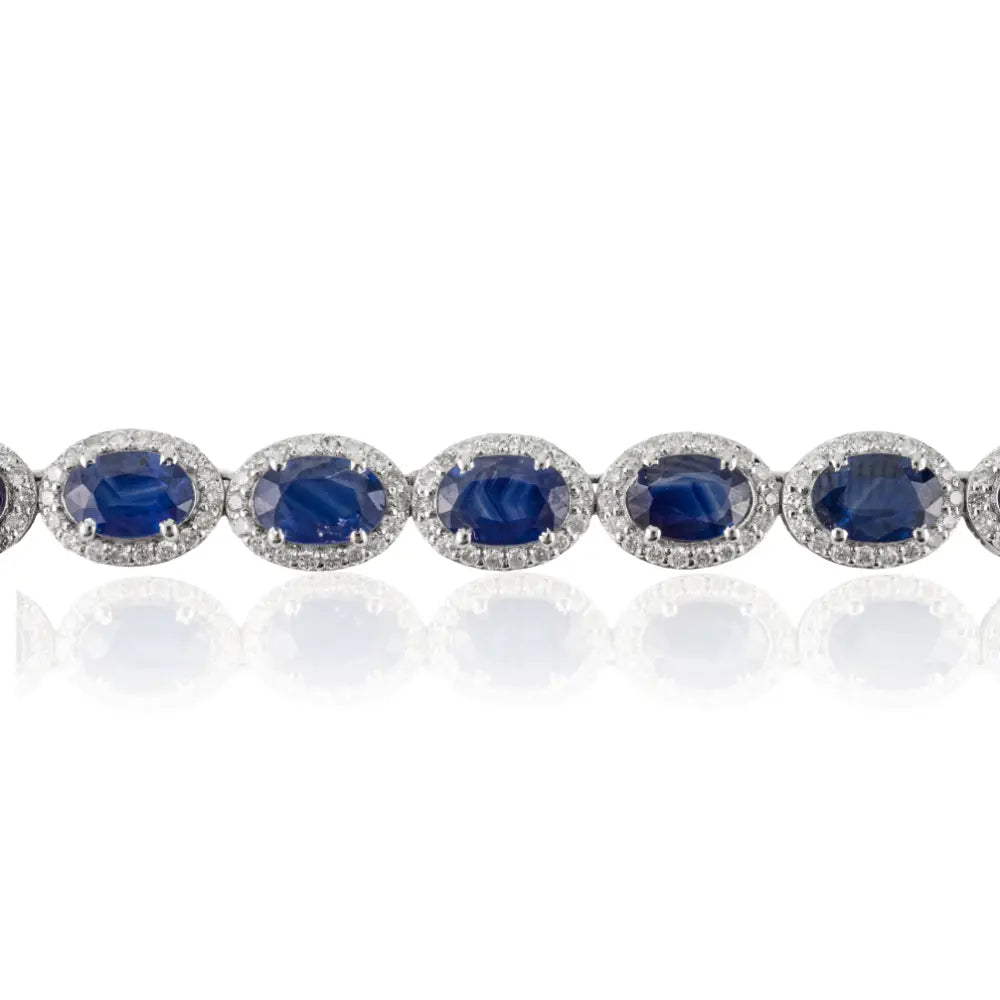 Exclusive Jewelry Statement Blue Sapphire & Diamond 14K White Gold Halo Tennis Necklace