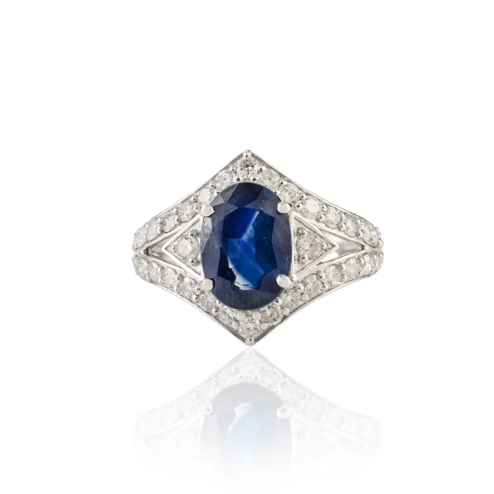 Vintage Inspired Blue Sapphire & Diamond 14K Solid White Gold Statement Ring For Wedding