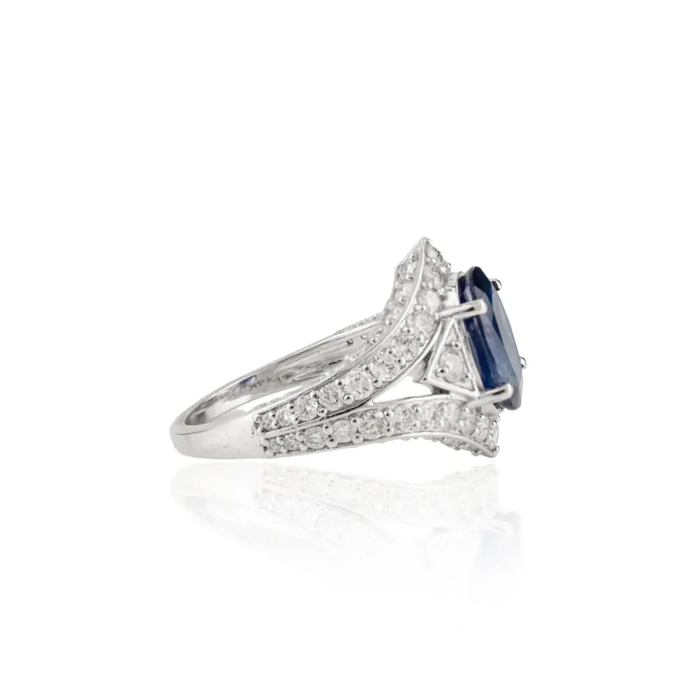 Vintage Inspired Blue Sapphire & Diamond 14K Solid White Gold Statement Ring For Wedding