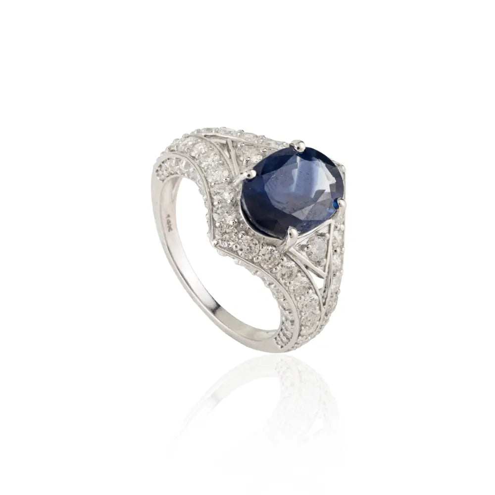 Vintage Inspired Blue Sapphire & Diamond 14K Solid White Gold Statement Ring For Wedding