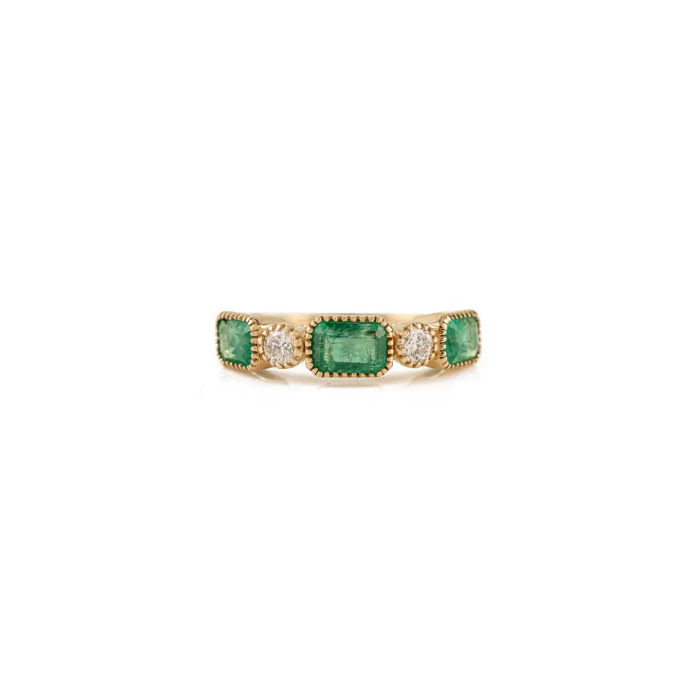 Pinion Bezel Set Emerald & Diamond Half Eternity Band Ring For Unisex 14K Real Yellow Gold