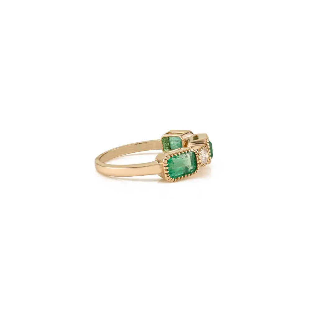 Pinion Bezel Set Emerald & Diamond Half Eternity Band Ring For Unisex 14K Real Yellow Gold